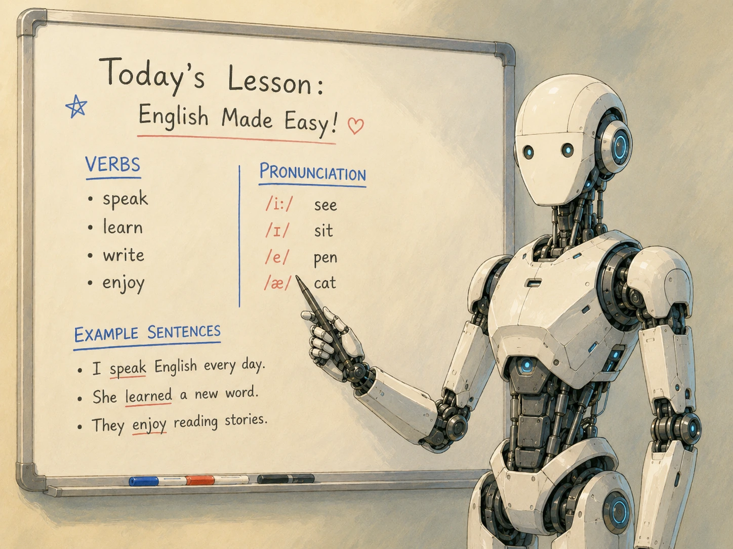 A illustration of a robot teacher standing beside a whiteboard. The robot has a white and gray mechanical body with blue glowing accents and points at an English lesson on the board. The whiteboard reads “Today’s Lesson: English Made Easy!” and includes sections for verbs, pronunciation, and example sentences.